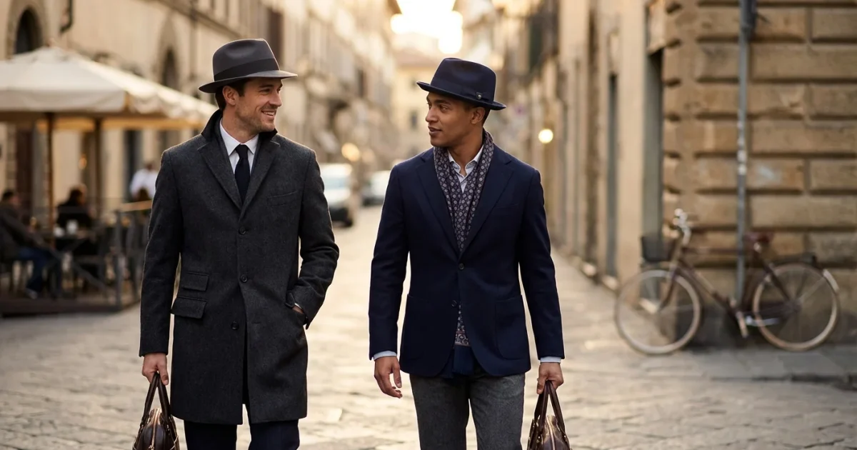 Two stylish men wearing a Fedora and a Pork Pie hat in an urban setting.