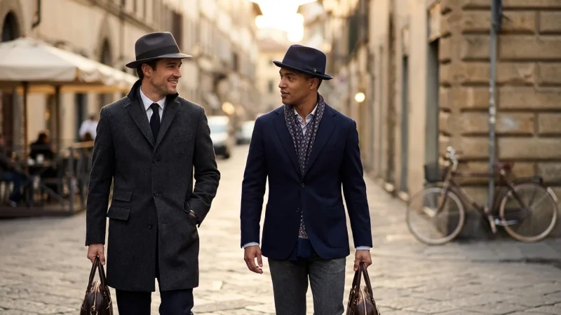 Two stylish men wearing a Fedora and a Pork Pie hat in an urban setting.