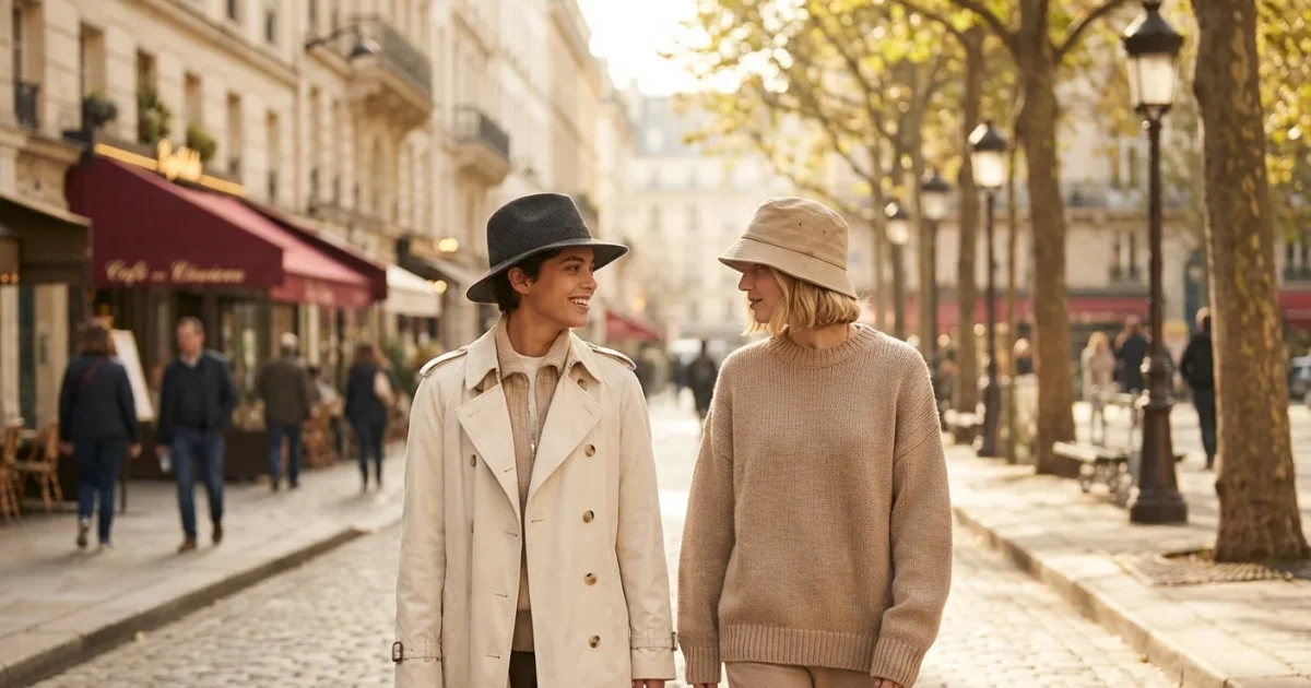 Two models wearing a fedora and a bucket hat in a sunny urban setting.