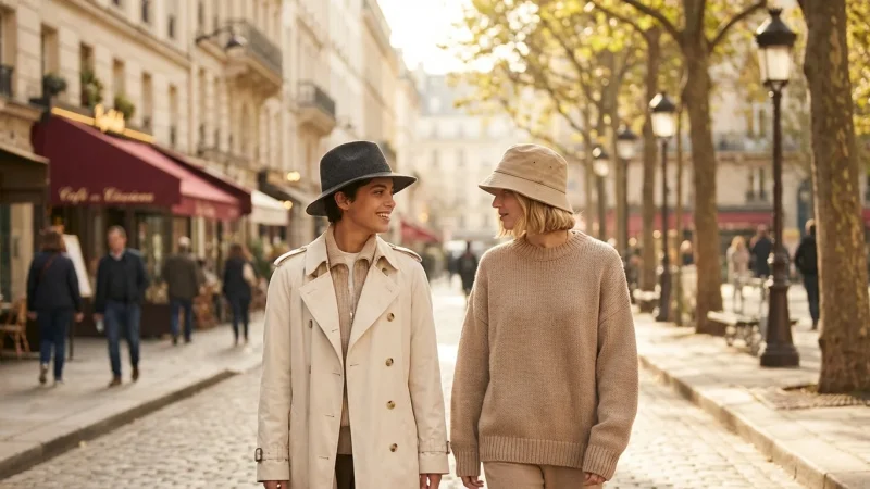 Two models wearing a fedora and a bucket hat in a sunny urban setting.