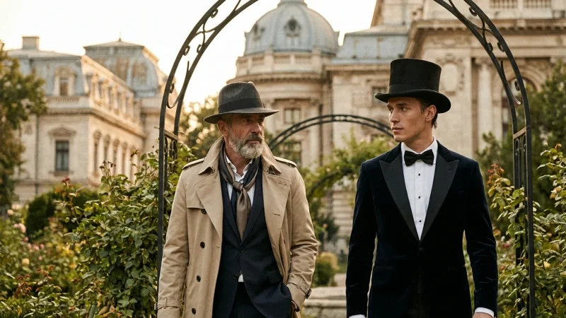 Doi bărbați eleganți purtând o pălărie fedora și un joben într-un cadru exterior rafinat la apus.