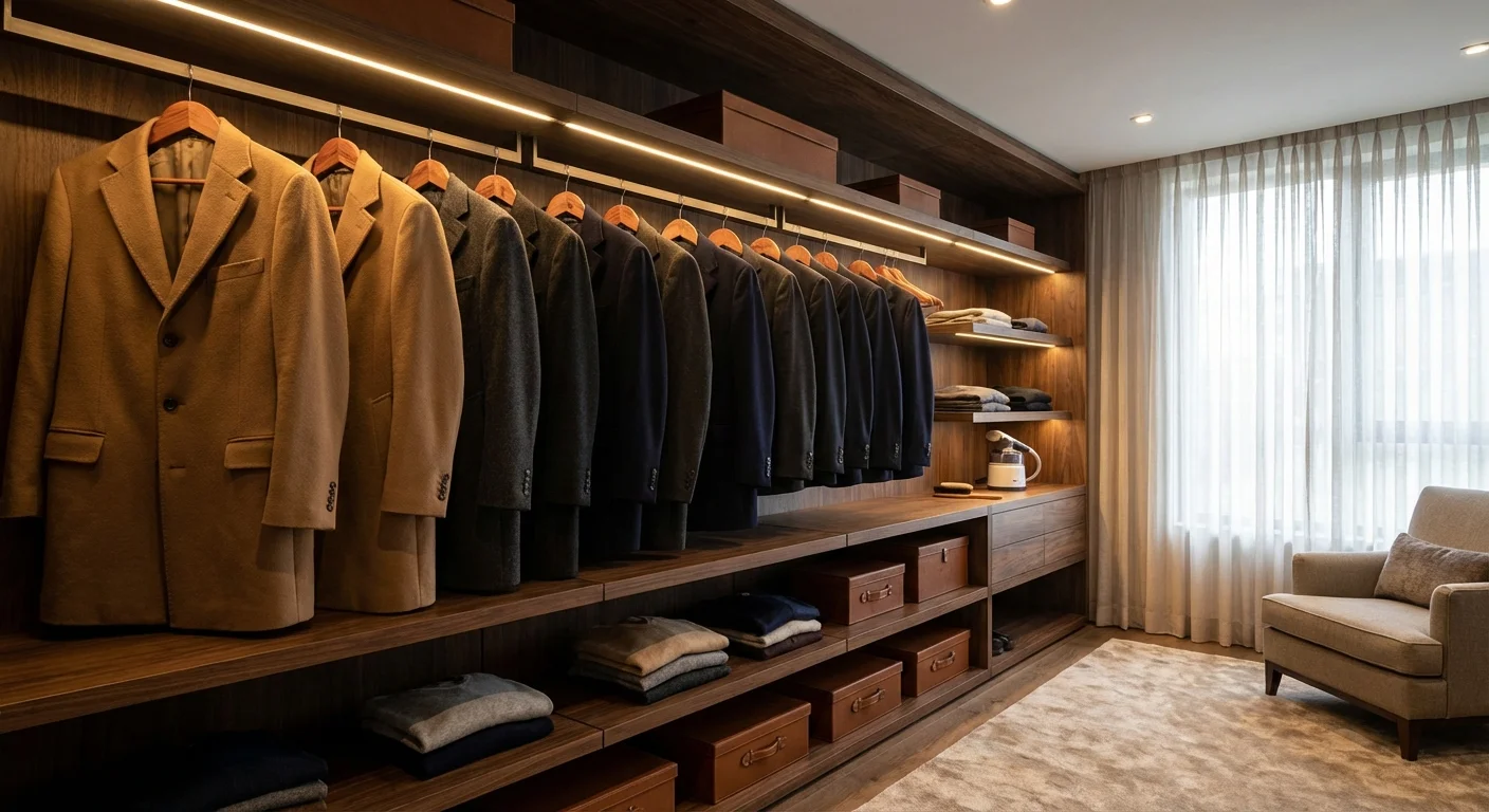 Paltoane de iarnă organizate impecabil pe umerașe de lemn într-un dressing modern.