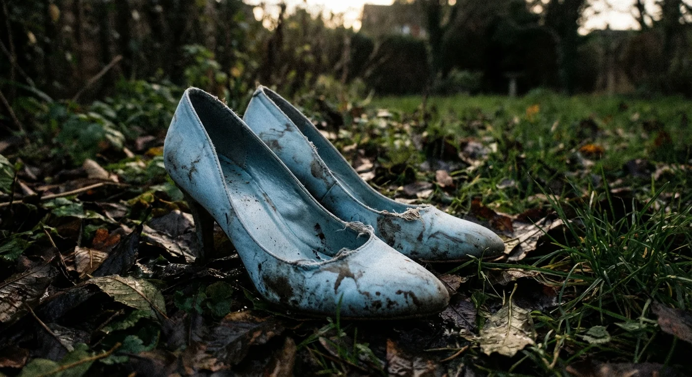 Pantofi din satin pătați de noroi și lăsați pe iarbă, exemplificând o alegere greșită.