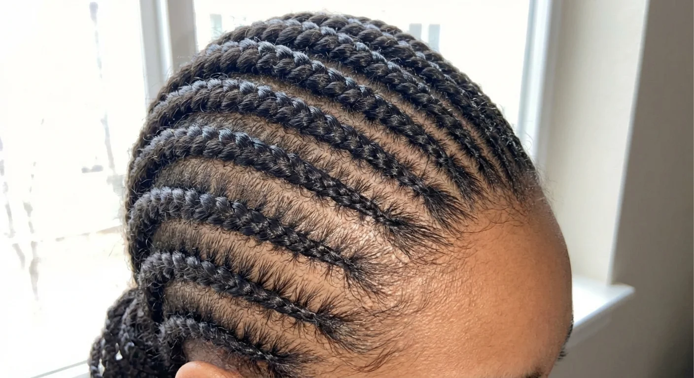 Păr natural împletit în cornrows strânse și plate, pregătit pentru aplicarea unei peruci.