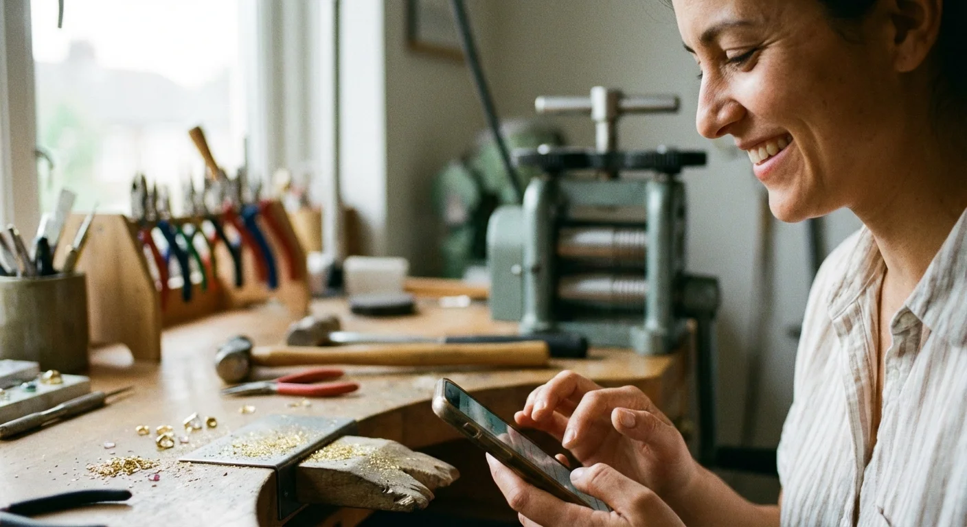 Persoană zâmbitoare folosind telefonul, cu un atelier de bijuterie în fundal.