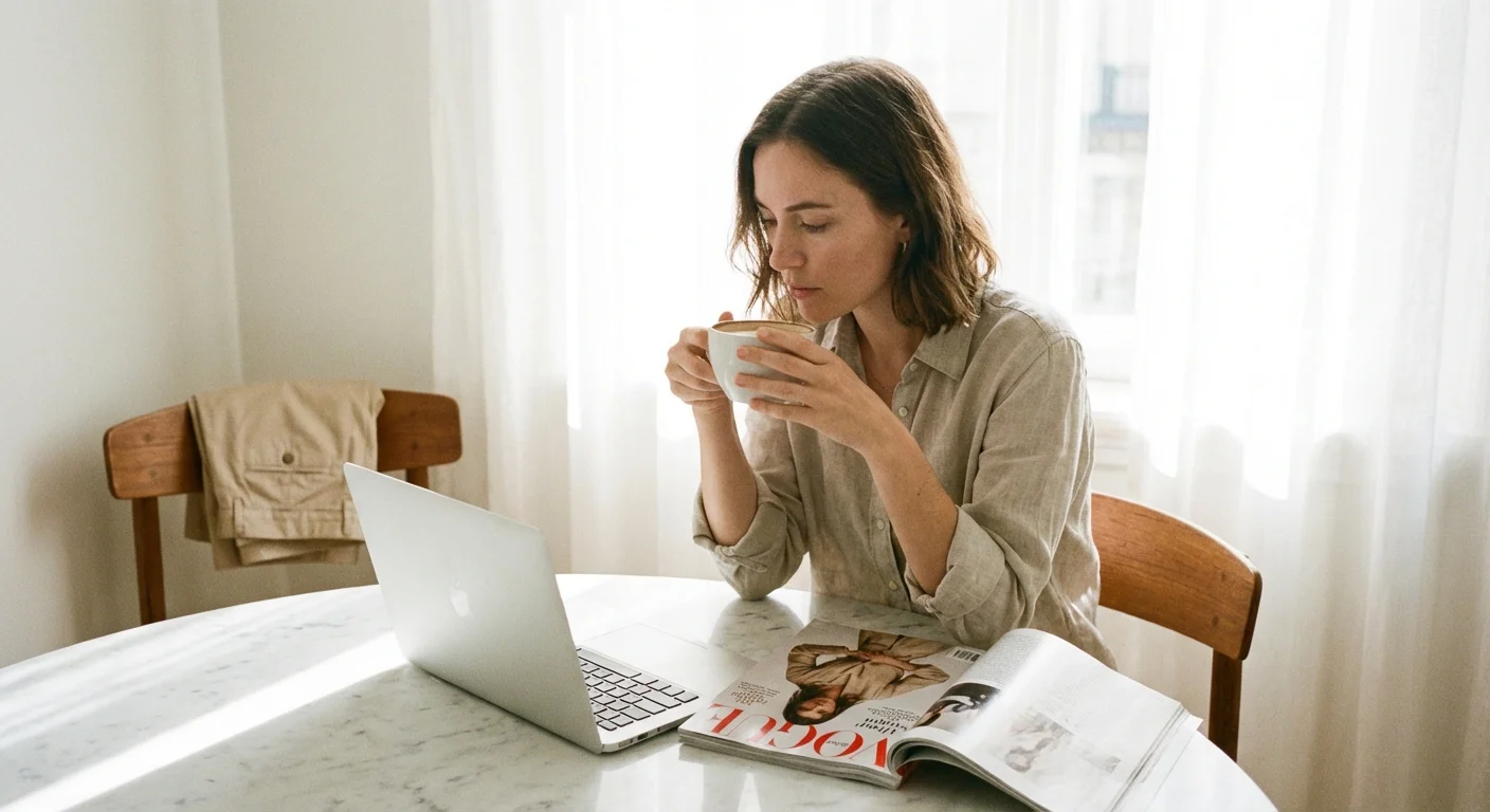 Person at a cafe table browsing fashion inspiration.