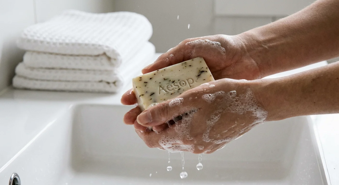 Person washing hands with luxury soap in a clean bathroom.