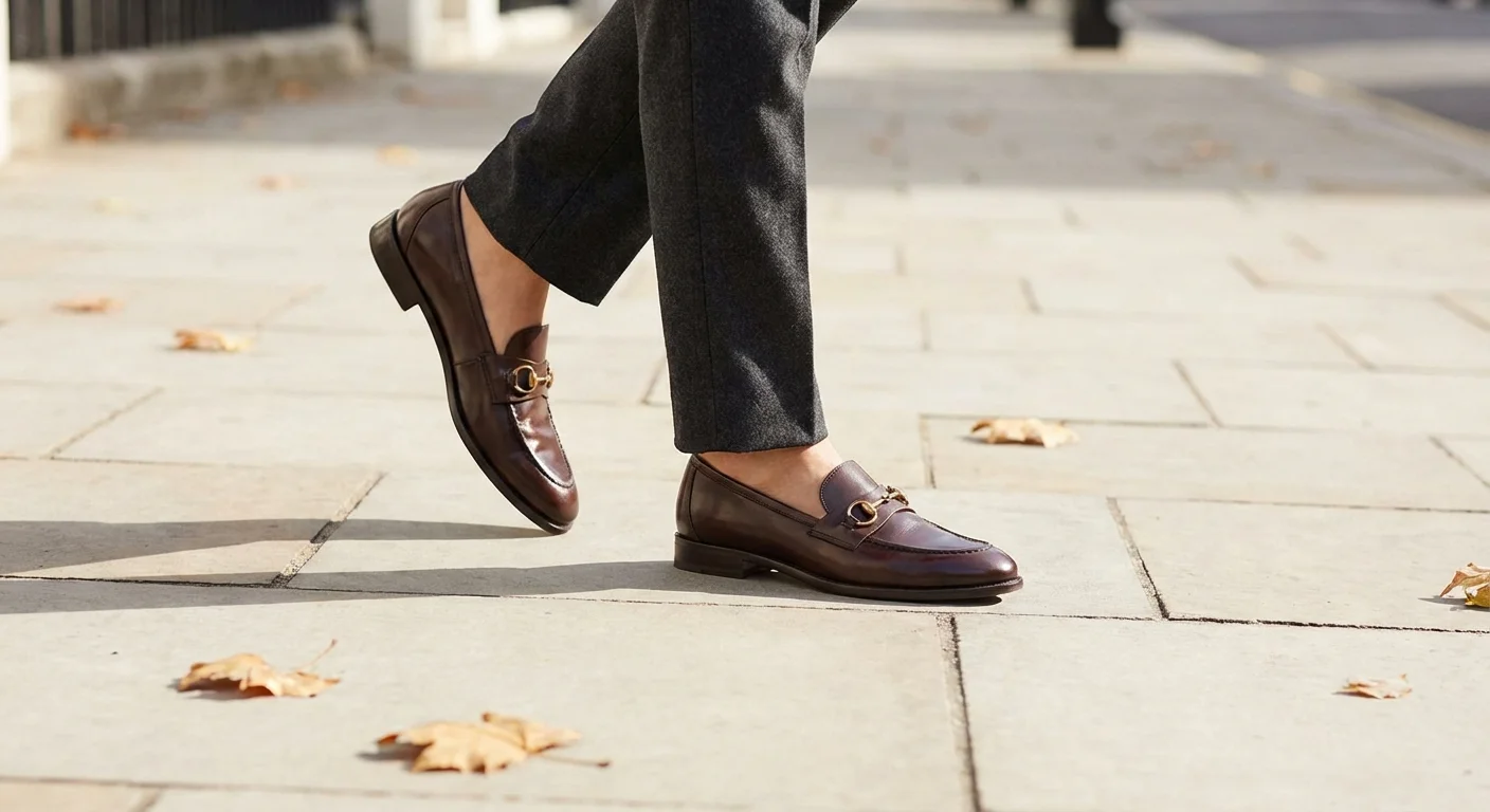 Picioarele unei femei purtând mocasini eleganți din piele și pantaloni la dungă.