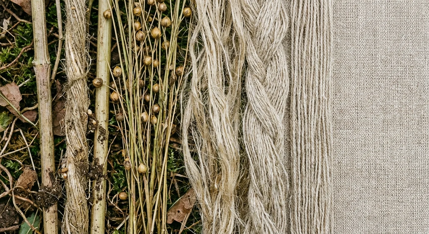 Plan apropiat cu tulpini de in și cânepă lângă material textil fin țesut.