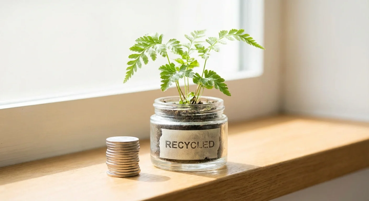 Plantă mică crescând dintr-un borcan cosmetic, simbolizând sustenabilitatea.