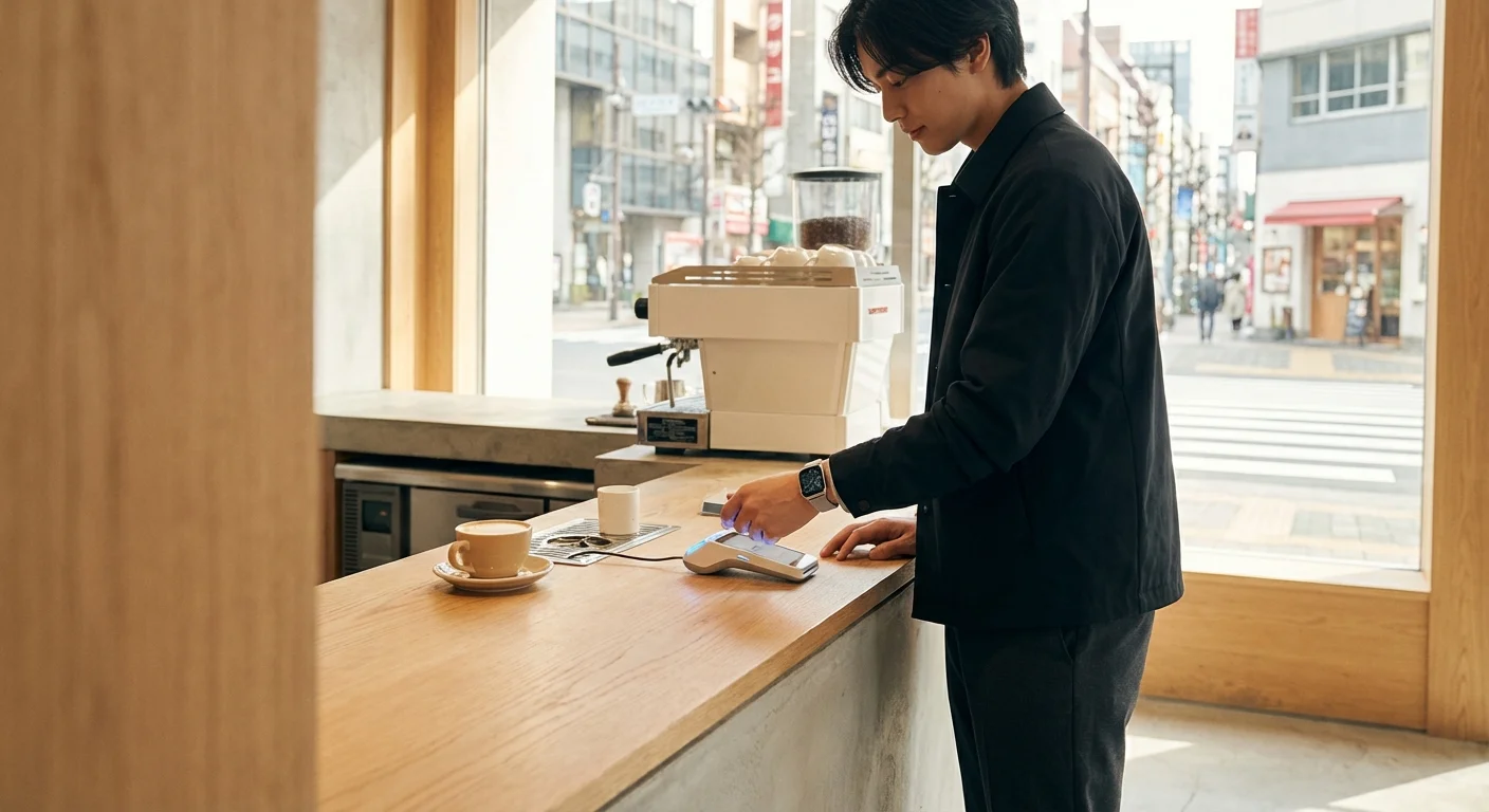 Plată contactless rapidă efectuată cu ceasul inteligent la o cafenea modernă.