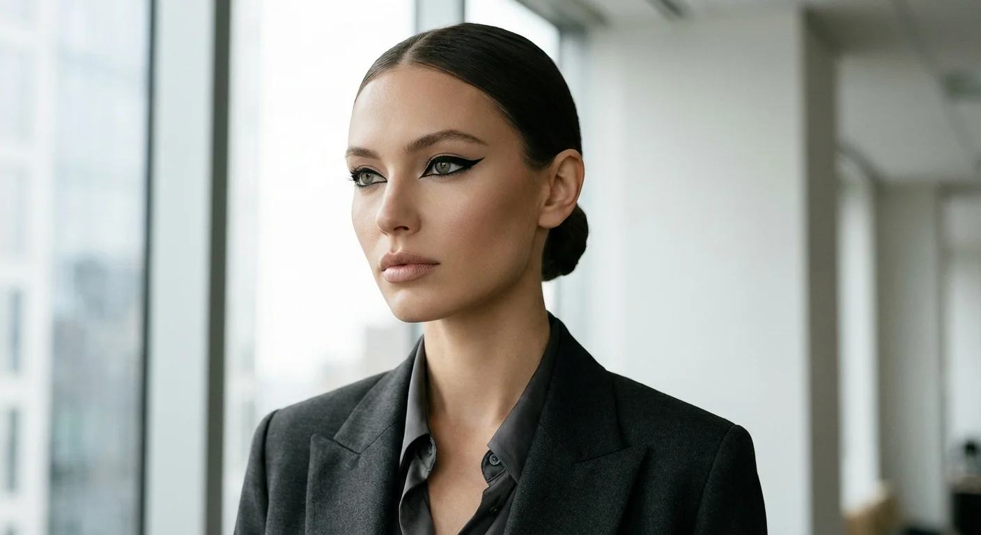 Portret de beauty cu machiaj tip winged eyeliner și părul prins într-un coc jos, stil Office Siren.