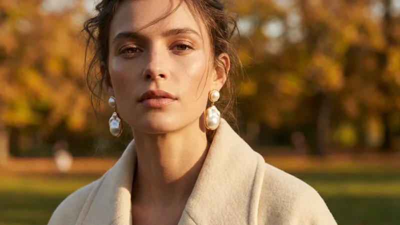 Portret editorial cu o femeie purtând cercei mari din perle baroc în lumina caldă a toamnei.