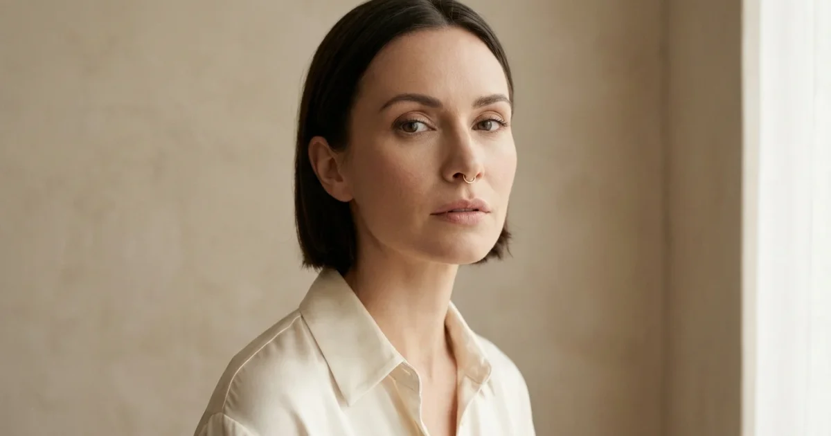 Portret editorial cu o femeie purtând un cercel de sept auriu elegant pe un fundal minimalist.