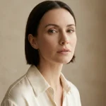 Portret editorial cu o femeie purtând un cercel de sept auriu elegant pe un fundal minimalist.