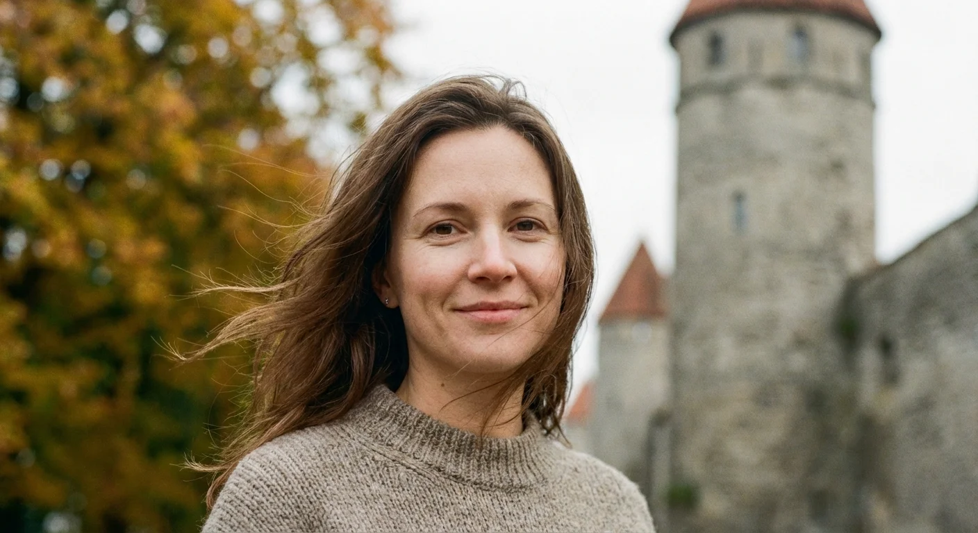 Portret feminin cu machiaj natural și păr ușor ciufulit de vânt, în fundal un castel.