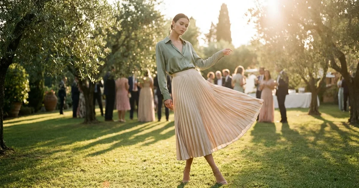 Woman in an elegant satin midi skirt at a garden wedding.