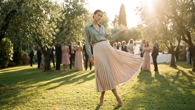 Woman in an elegant satin midi skirt at a garden wedding.