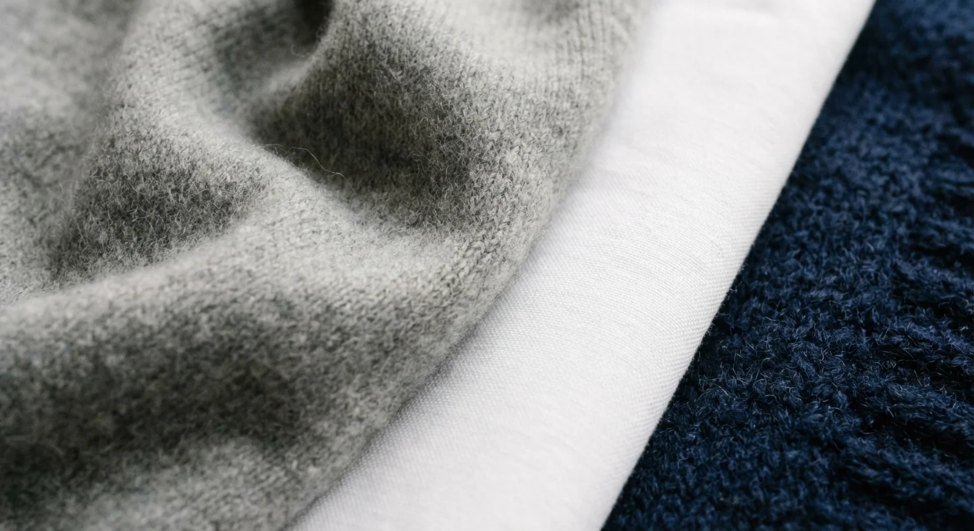 Prim-plan cu texturi de cașmir, bumbac organic și lână, subliniind calitatea materialelor.