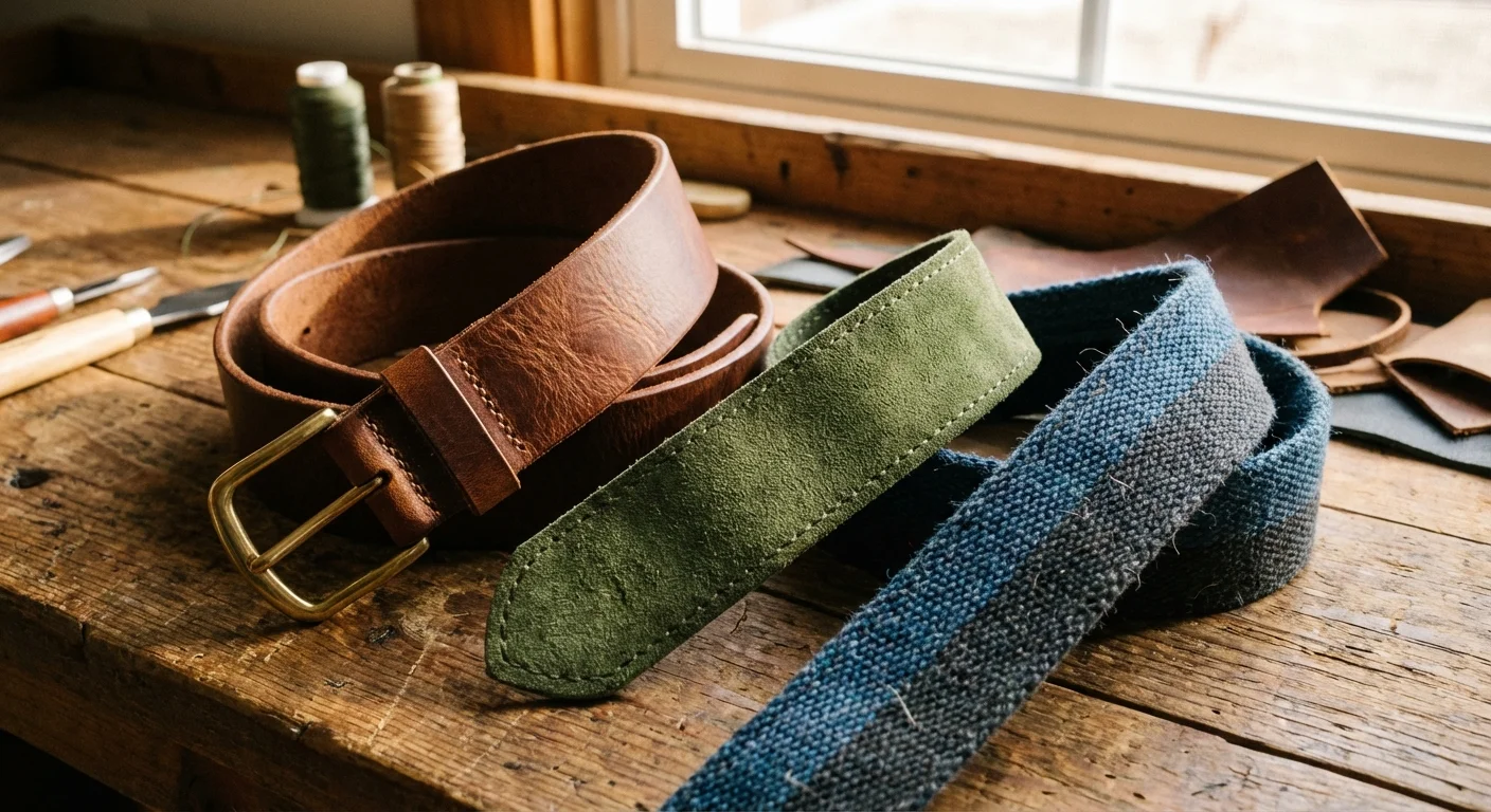 Prim-plan cu texturi de piele naturală, piele întoarsă și materiale textile pentru curele.