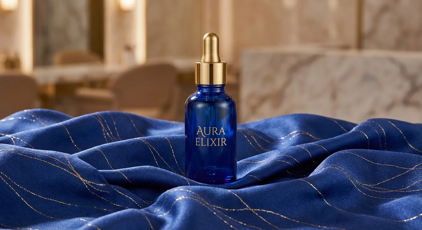 Produs cosmetic de lux pe material de mătase cu accente aurii.