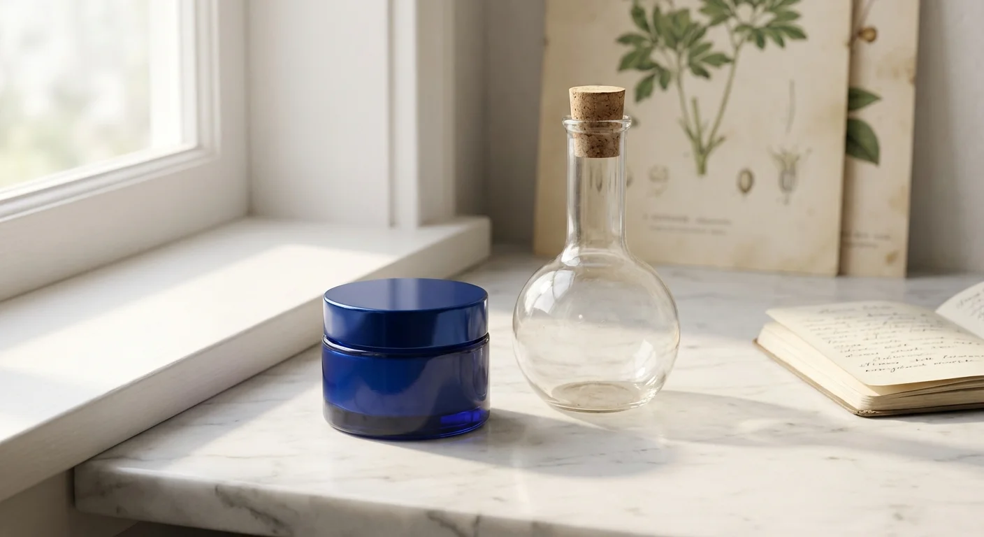 Produs cosmetic modern lângă un flacon de laborator pe marmură albă.