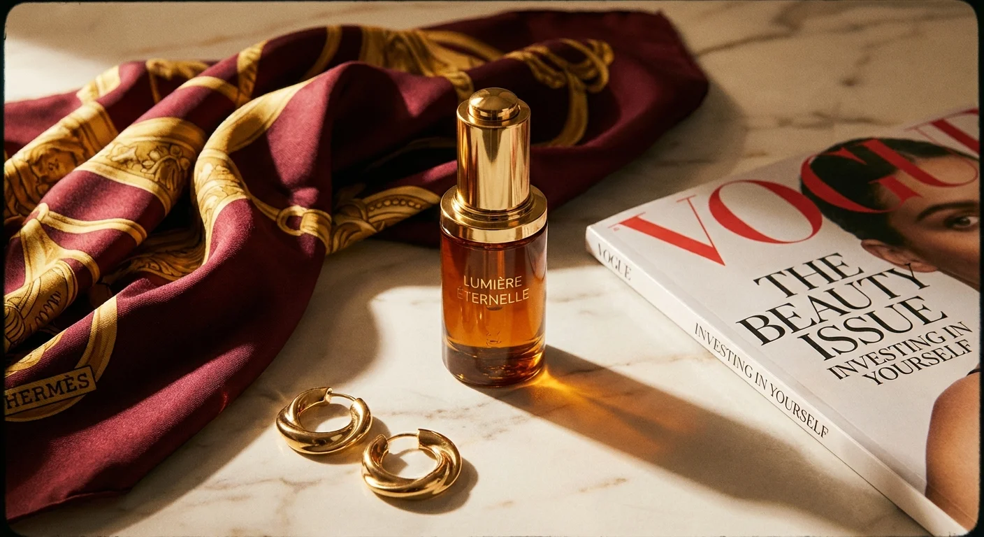 Produs cosmetic premium lângă accesorii de modă, sugerând o investiție în frumusețe.