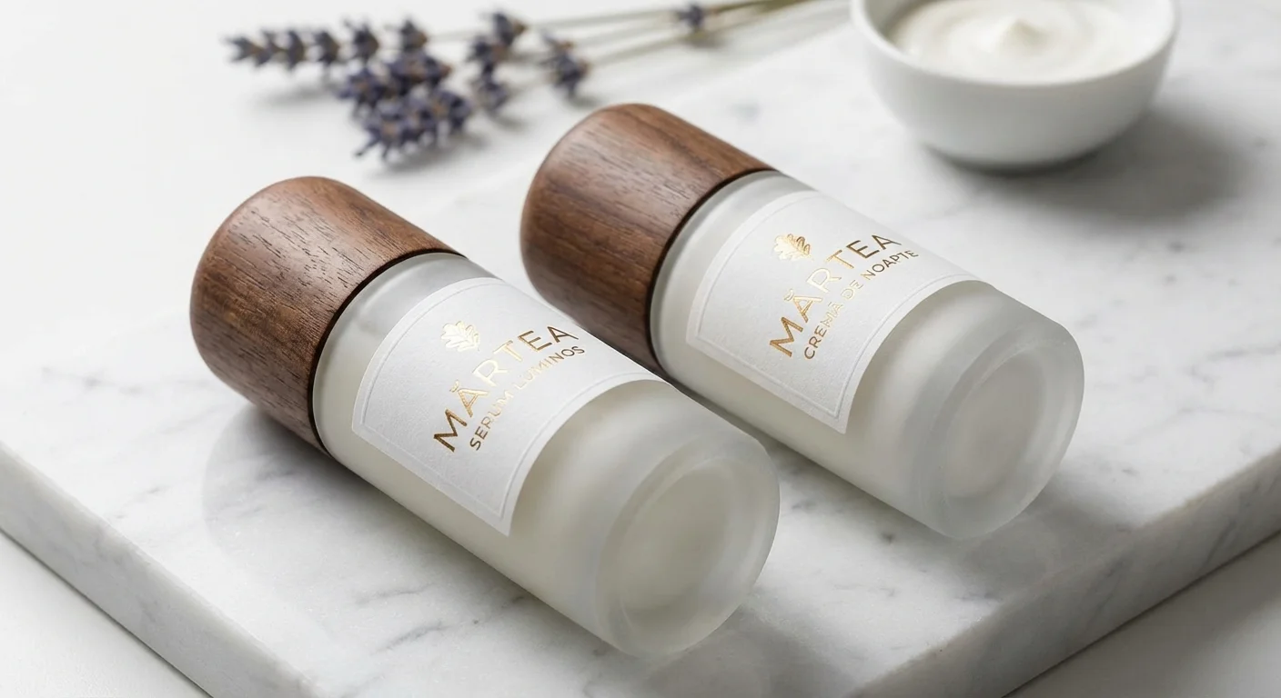 Produse cosmetice premium în flacoane de sticlă mată pe marmură albă.