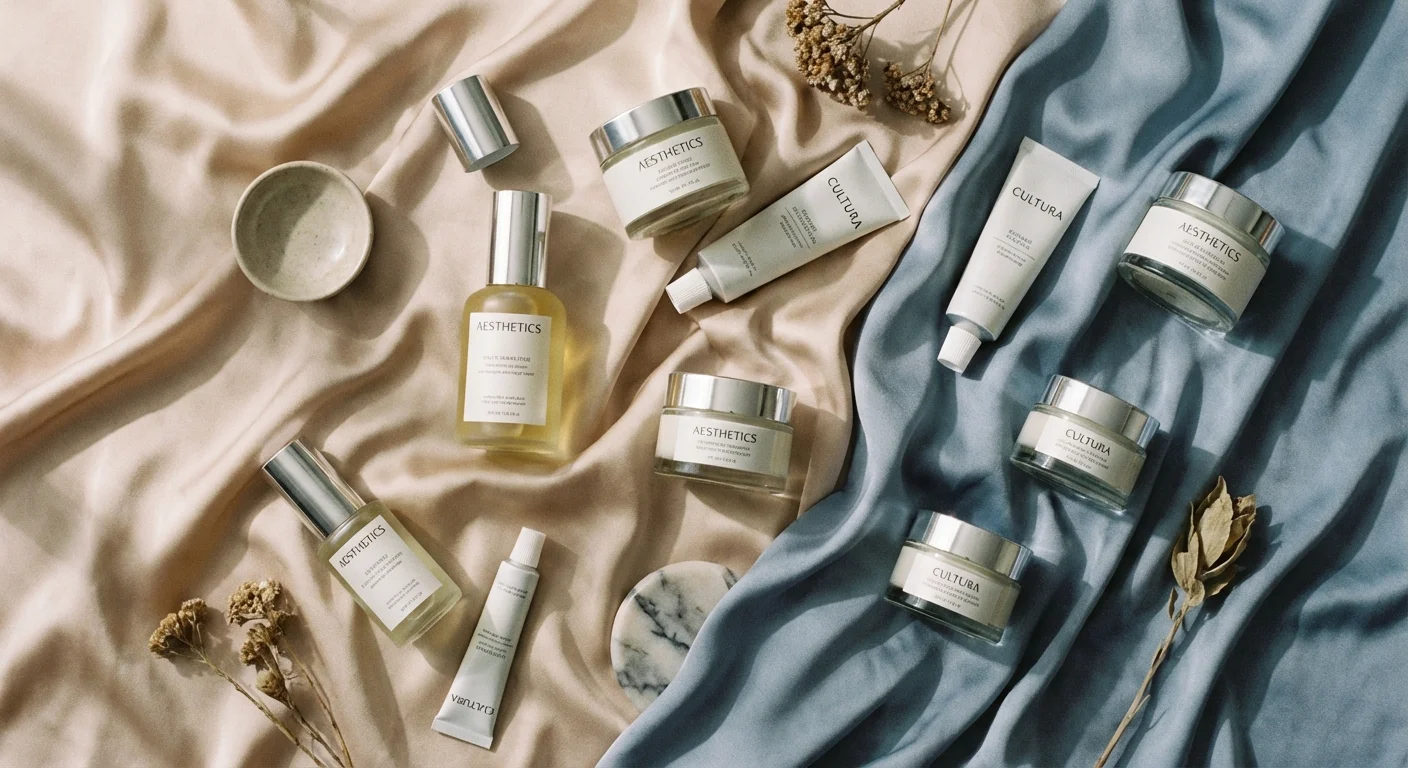 Produse de îngrijire premium aranjate estetic pe o pânză de mătase.