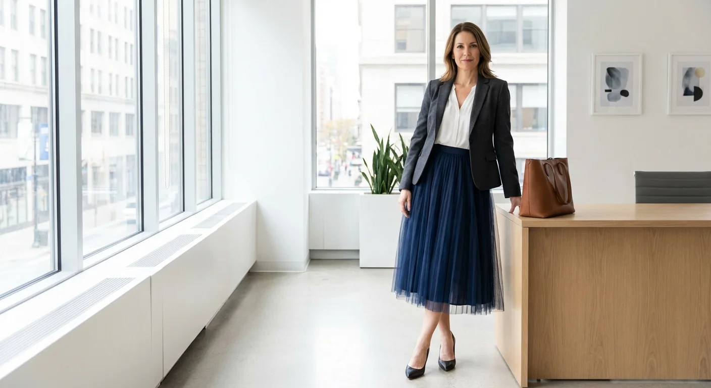 Professional outfit with a navy tulle skirt and a structured blazer.