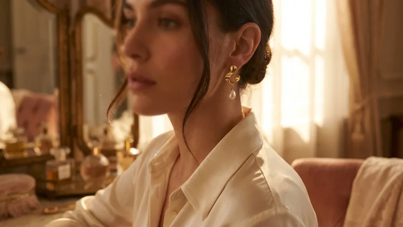 Profil elegant al unei femei purtând cercei de aur rafinați, iluminat natural.