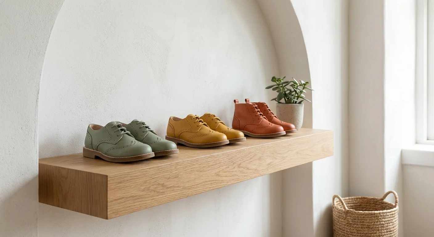 Raft de lemn cu pantofi de piele pentru copii, design românesc modern.