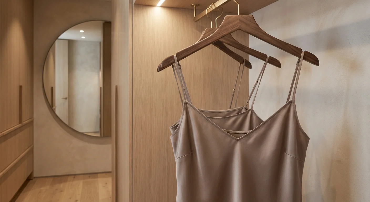 Rochie de lux din Tencel pe un umeraș de lemn într-un dressing minimalist.