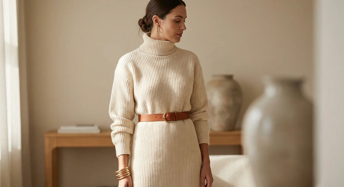 Rochie tricotată crem de lux accesorizată cu bijuterii aurii.