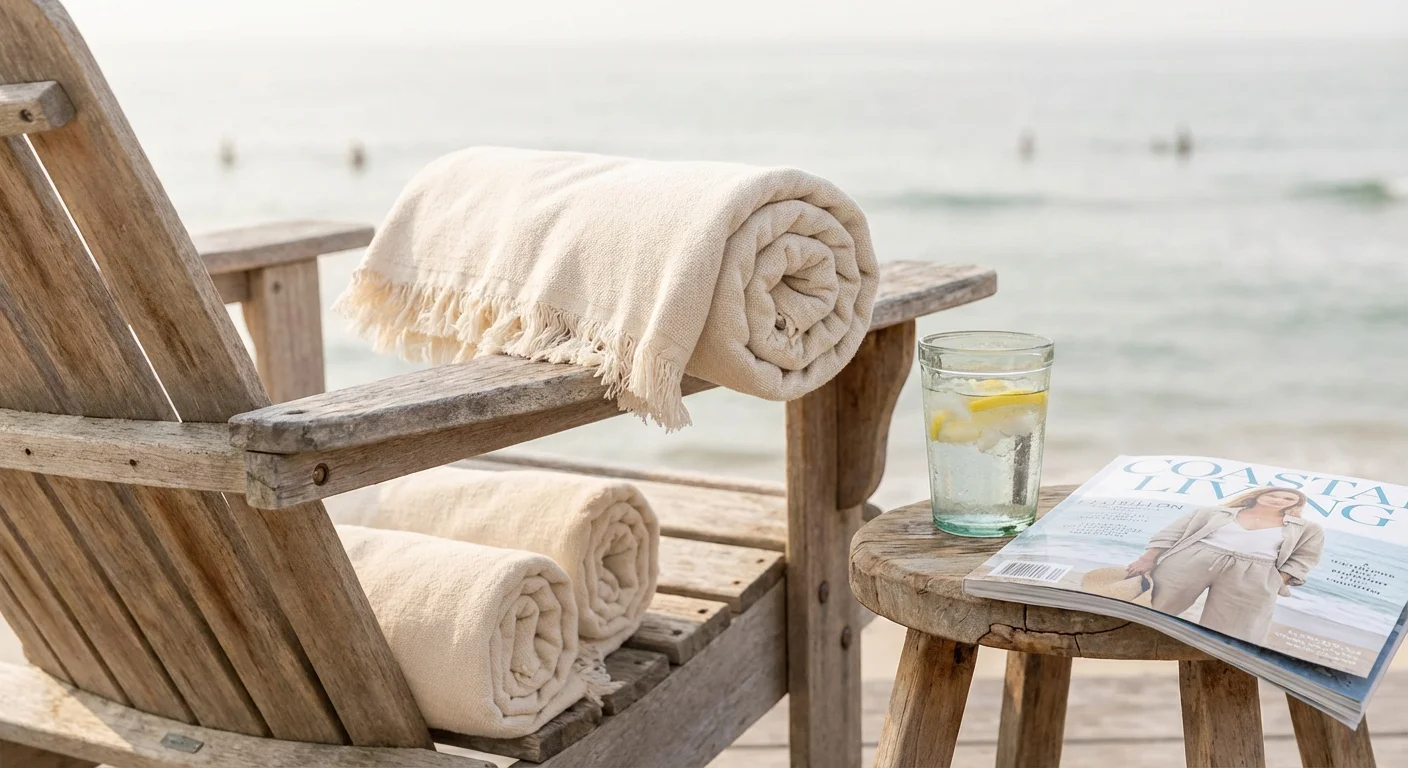 Rolled beach towels on a wooden chair with an ocean view.
