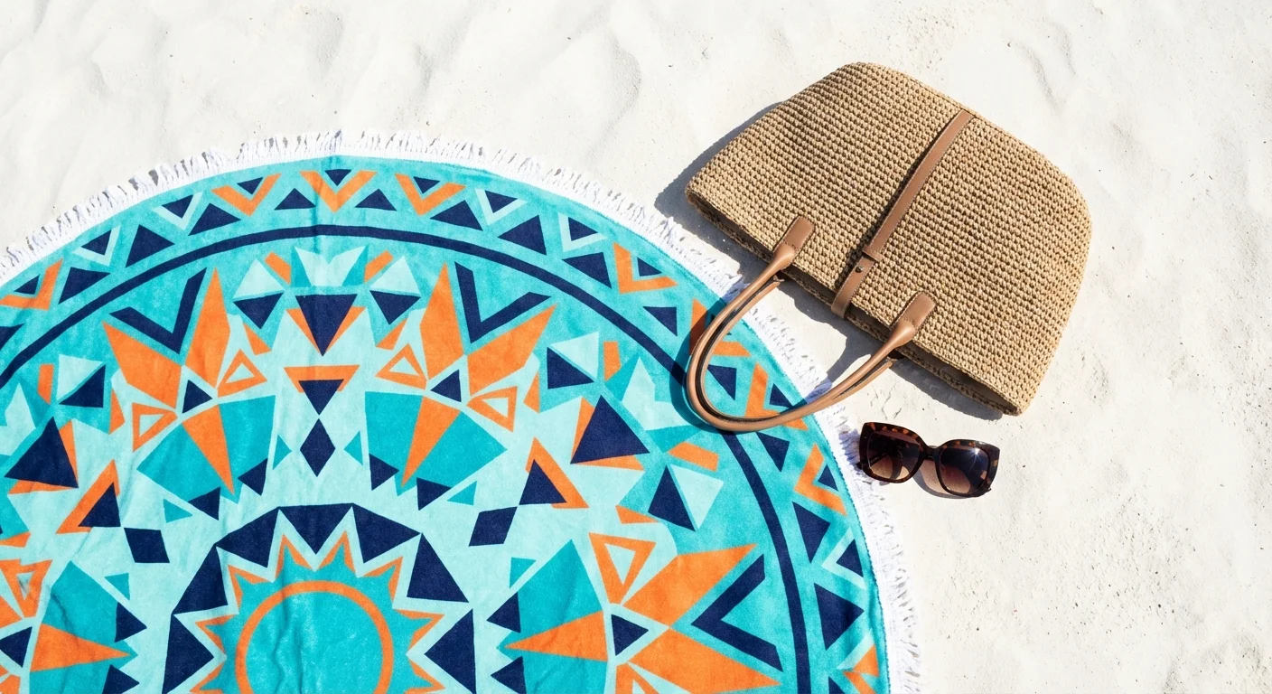 Round geometric beach towel spread on white sand with a straw bag.