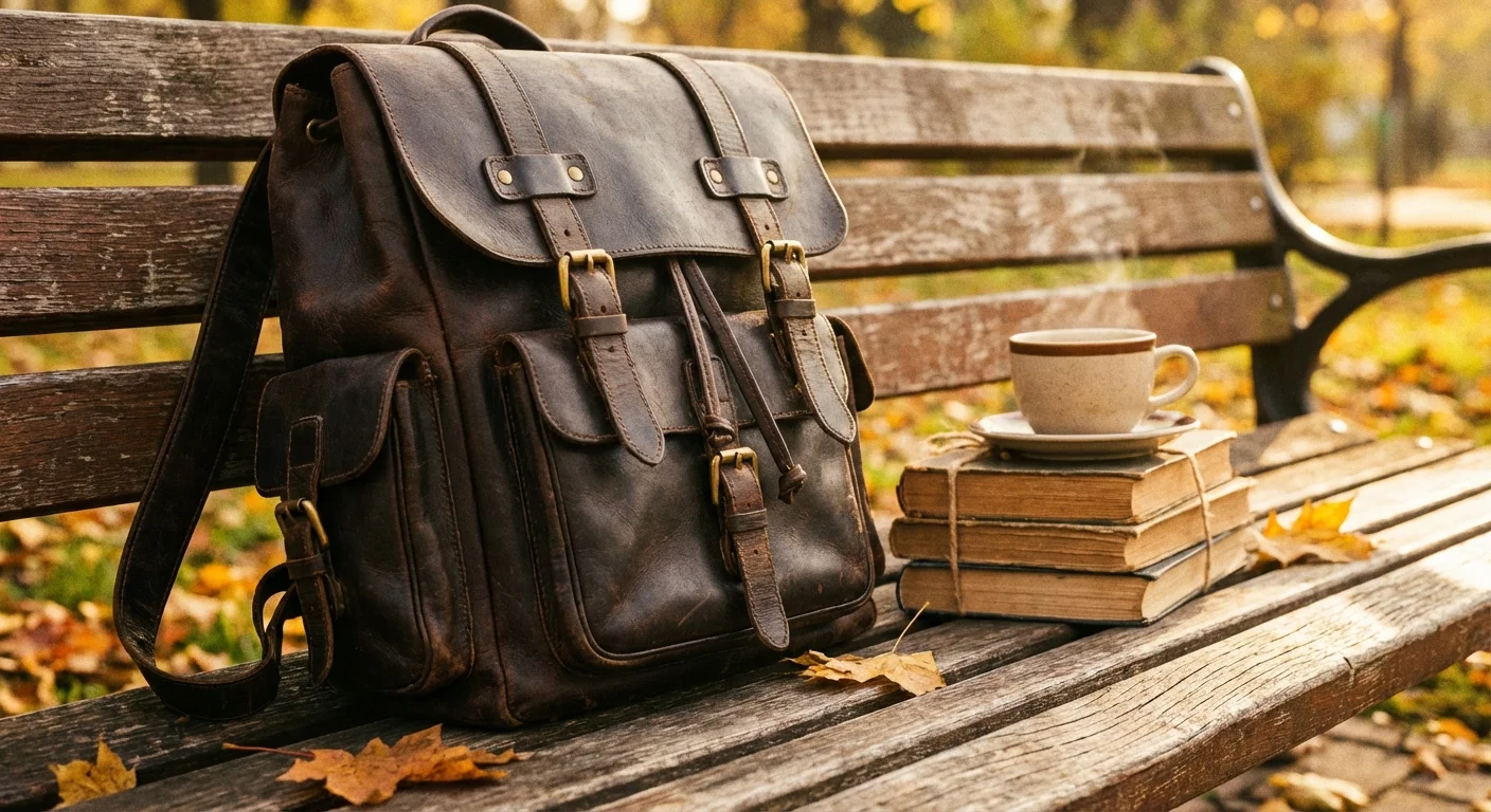 Rucsac de piele stil retro pe o bancă lângă cărți.
