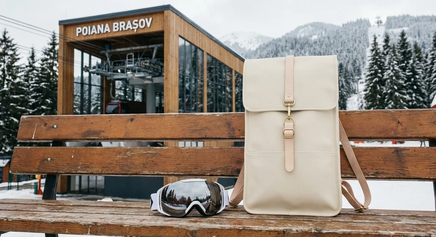 Rucsac minimalist crem impermeabil lângă ochelari de schi pe o bancă de lemn.
