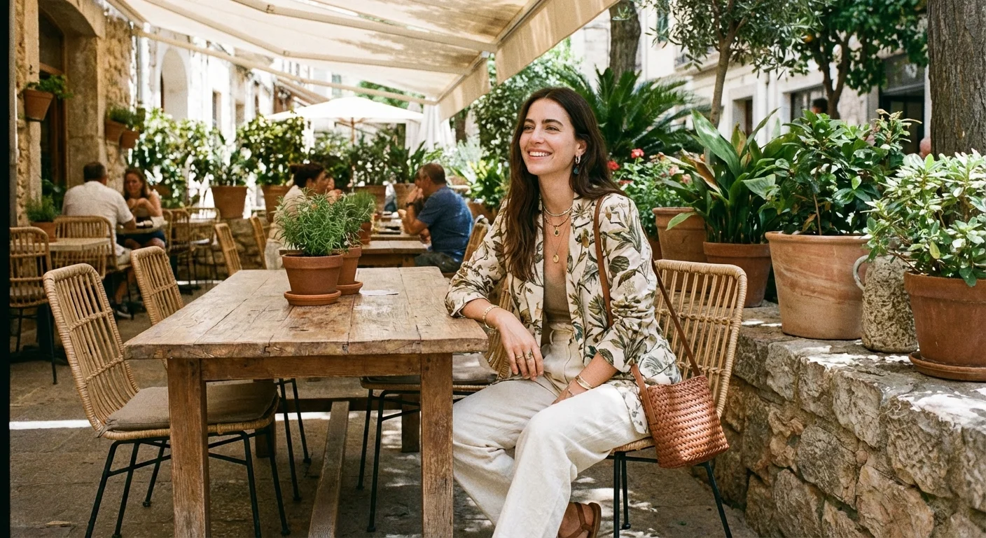 Sacou cu imprimeu floral combinat cu pantaloni crem, stil mix and match elegant.