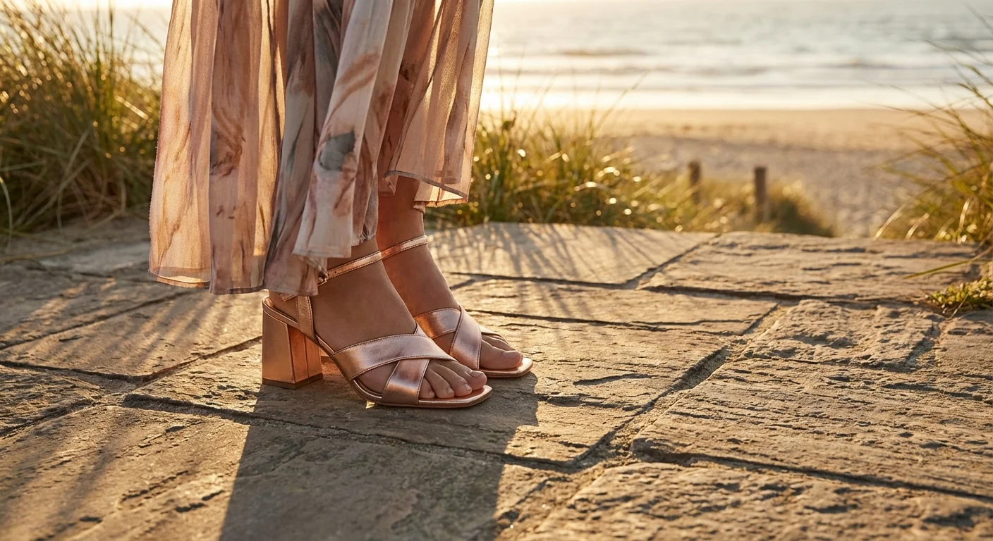 Sandale cu toc gros de culoare rose gold, ideale pentru stabilitate la evenimente în aer liber.