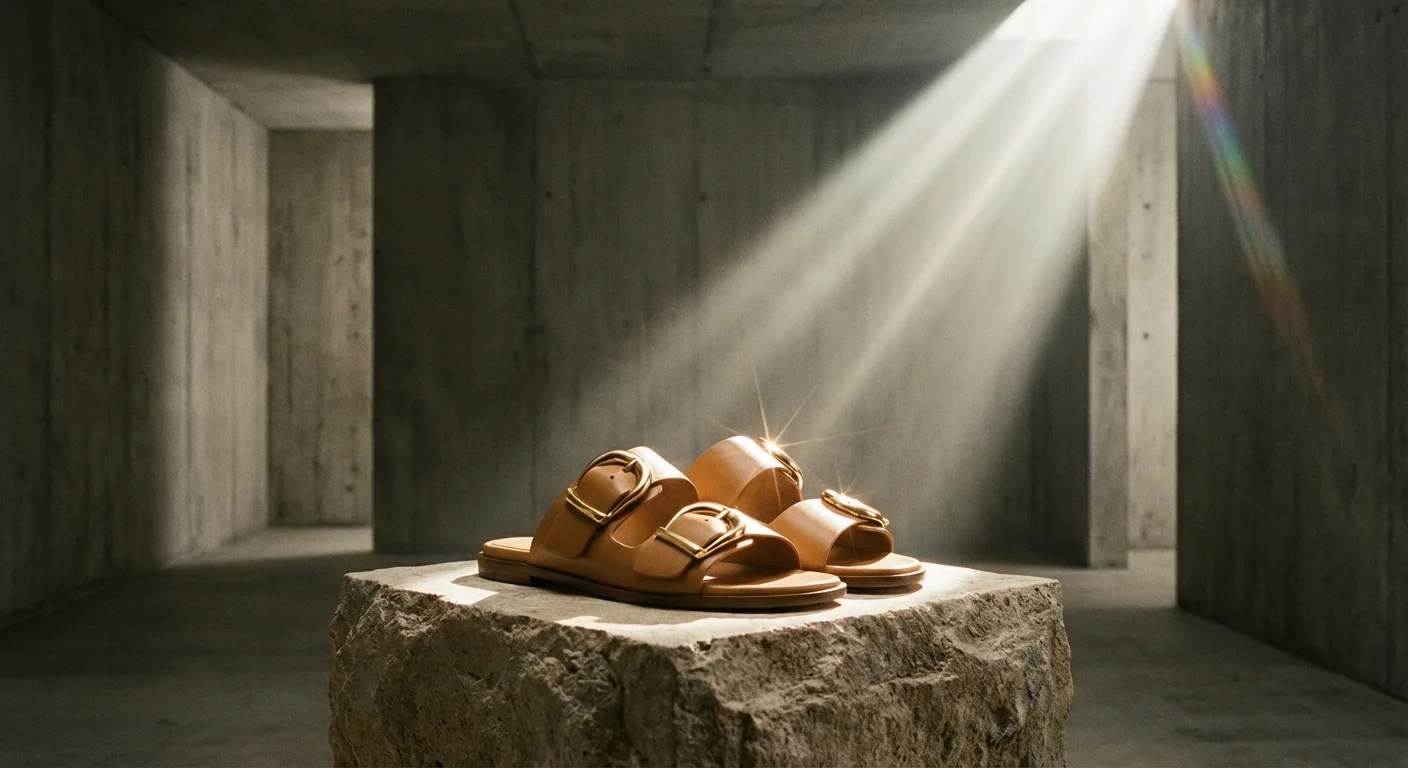 Sandale de lux cu cataramă aurie expuse ca o piesă de artă.
