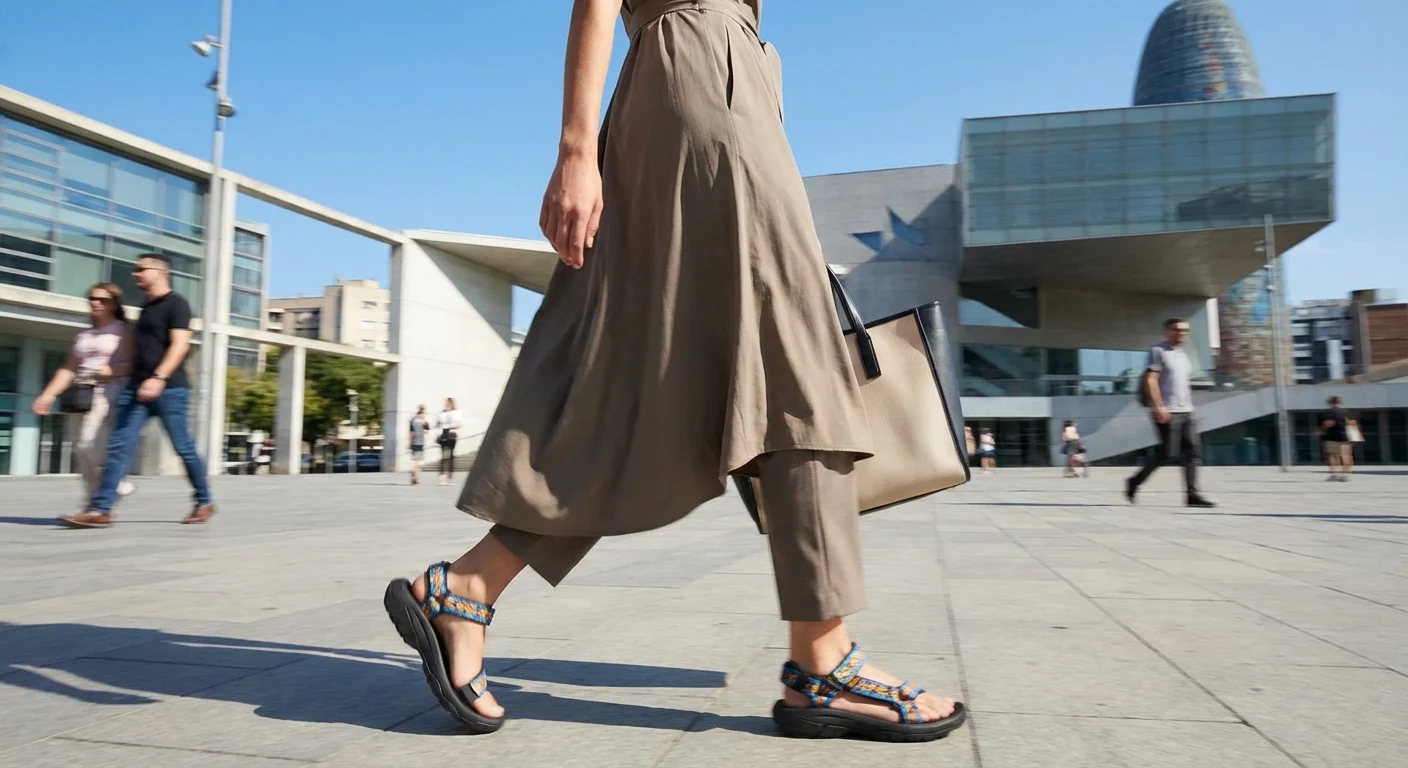 Sandale sport-chic cu barete textile colorate pe o stradă modernă din Barcelona.