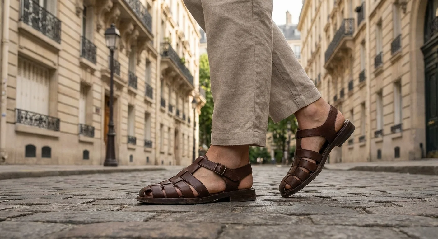 Sandale stil pescăresc din piele maro pe o stradă elegantă din Paris.