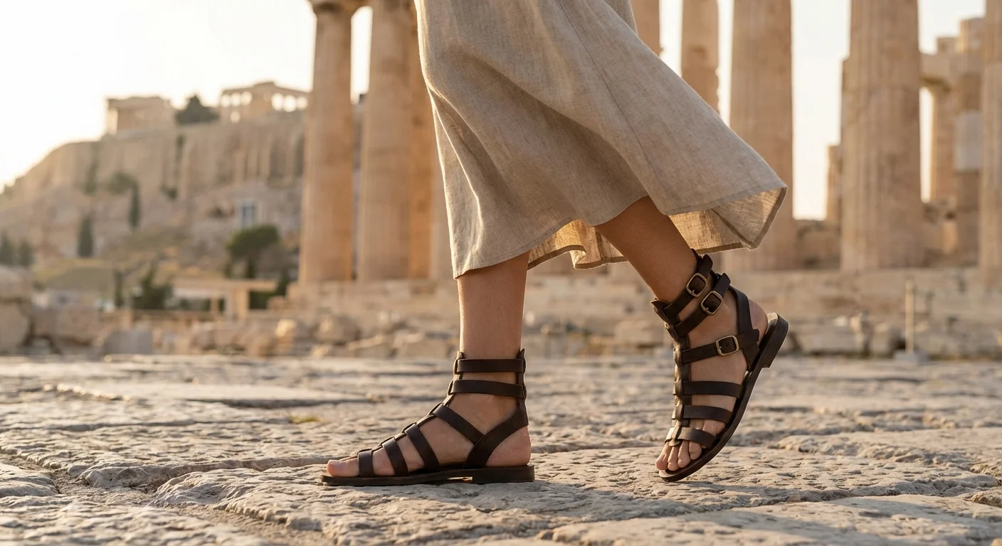 Sandale tip gladiator din piele lângă coloane antice în Atena.