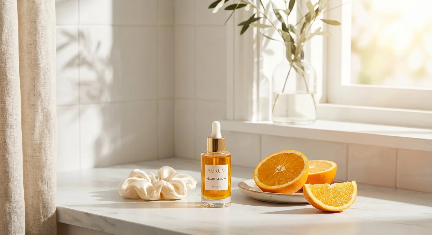 Serum cu Vitamina C lângă o felie de portocală în lumina naturală a dimineții.