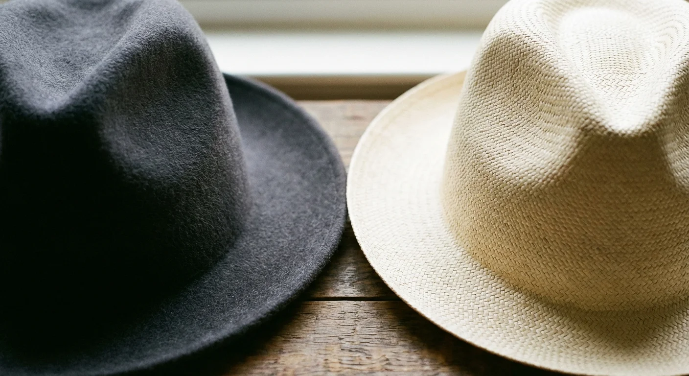 Side-by-side comparison of a felt Fedora and a straw Fedora, highlighting the different material textures.