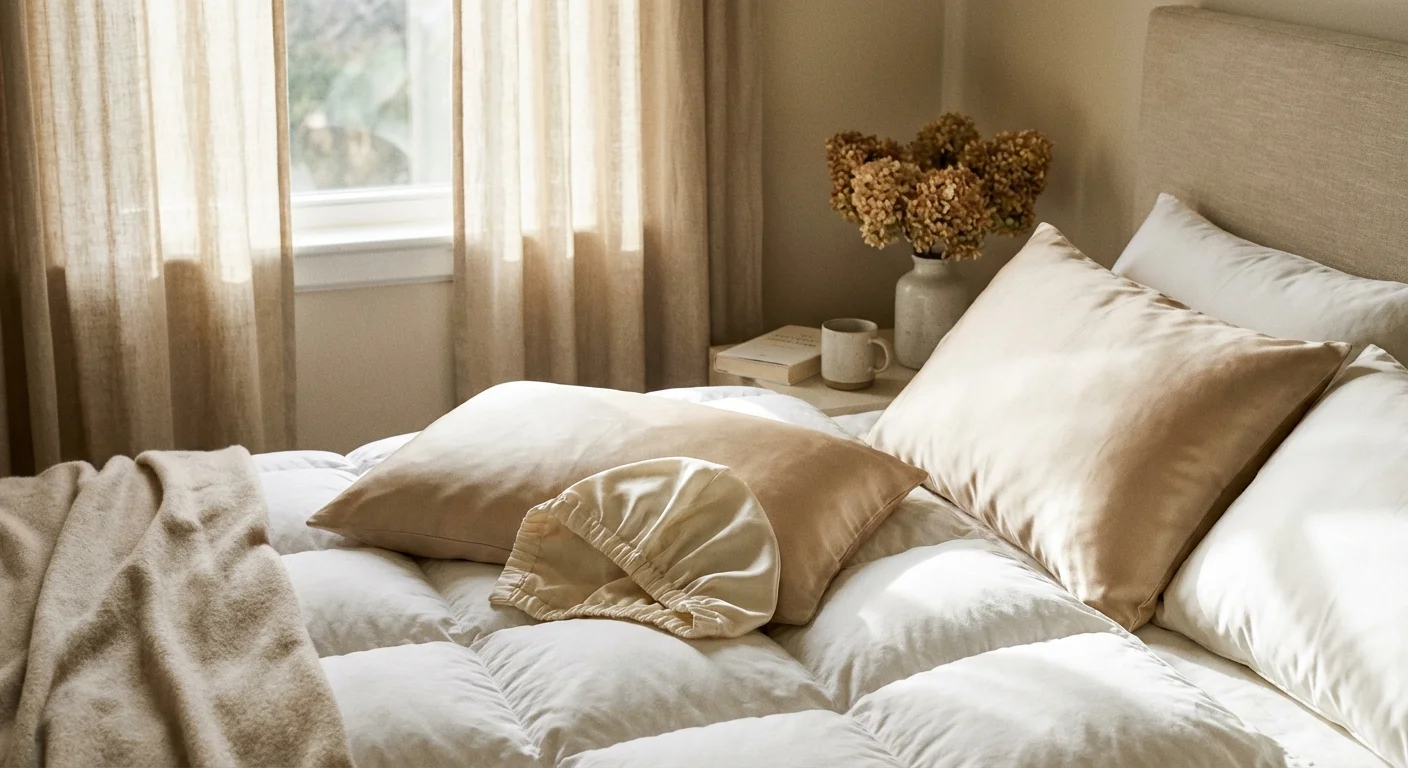 Silk pillowcase and hair wrap on a white bed.