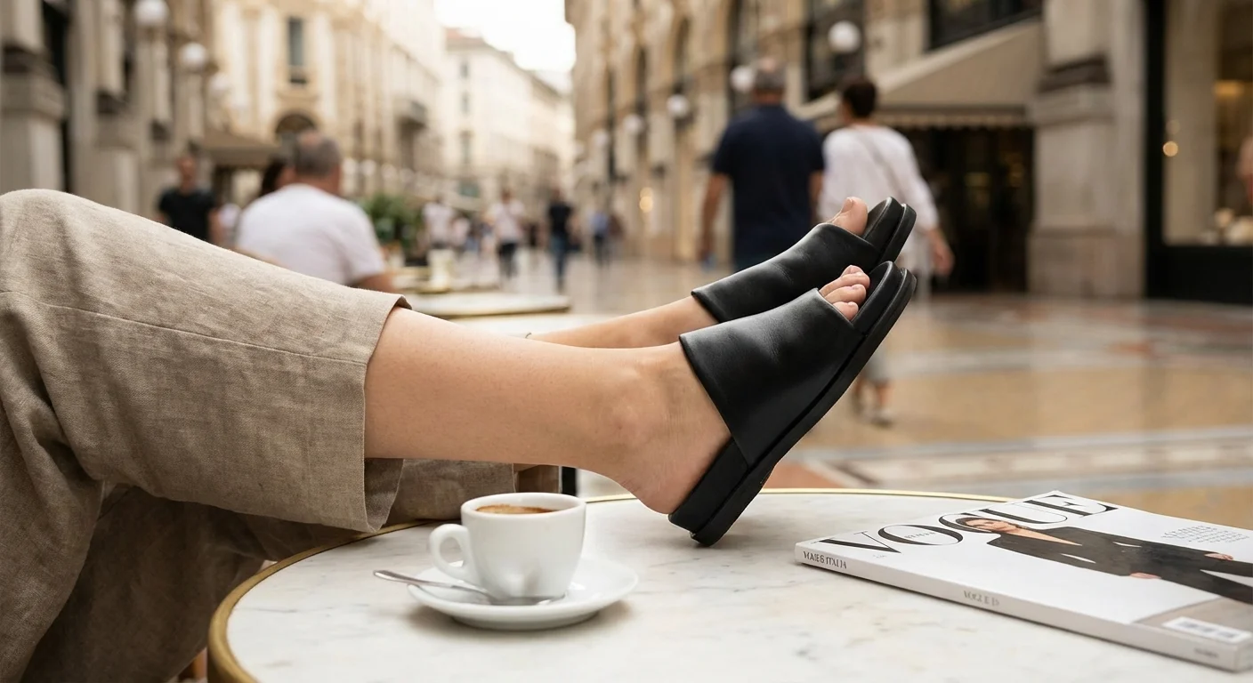 Șlapi urbani din piele neagră la o cafenea elegantă din Milano.