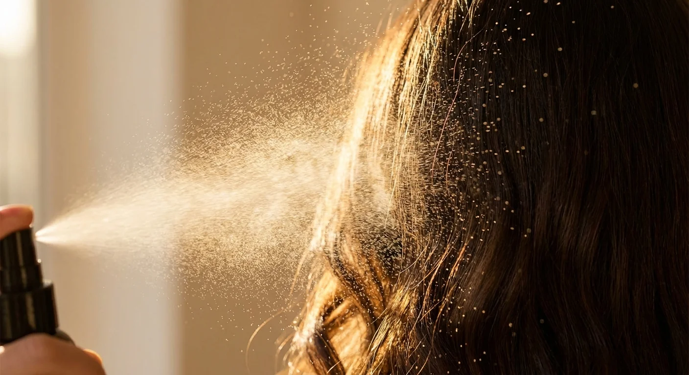 Spray de protecție UV aplicat pe păr, formând o barieră strălucitoare sub soare.