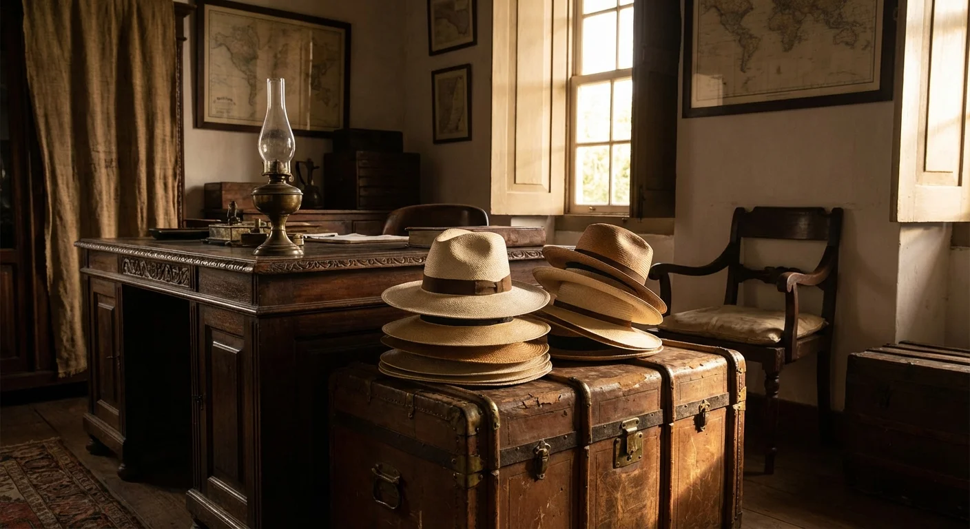 Stack of authentic Panama hats on a vintage leather trunk.